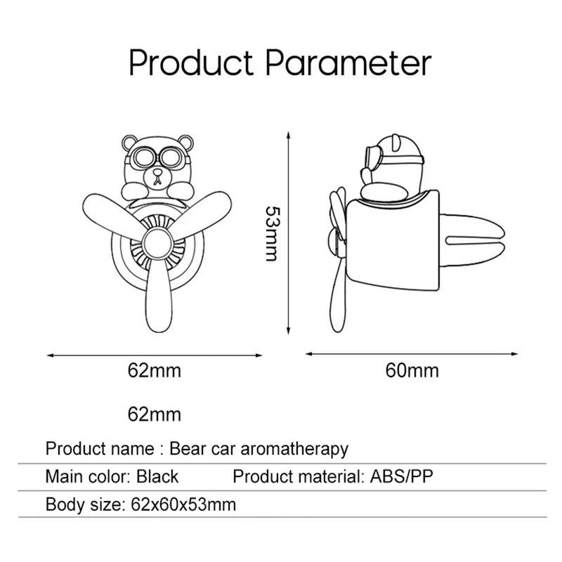 Ambientador e purificador de ar para carro, URSO PILOTO. Ventilação difusora de perfume com uma hélice rotativa