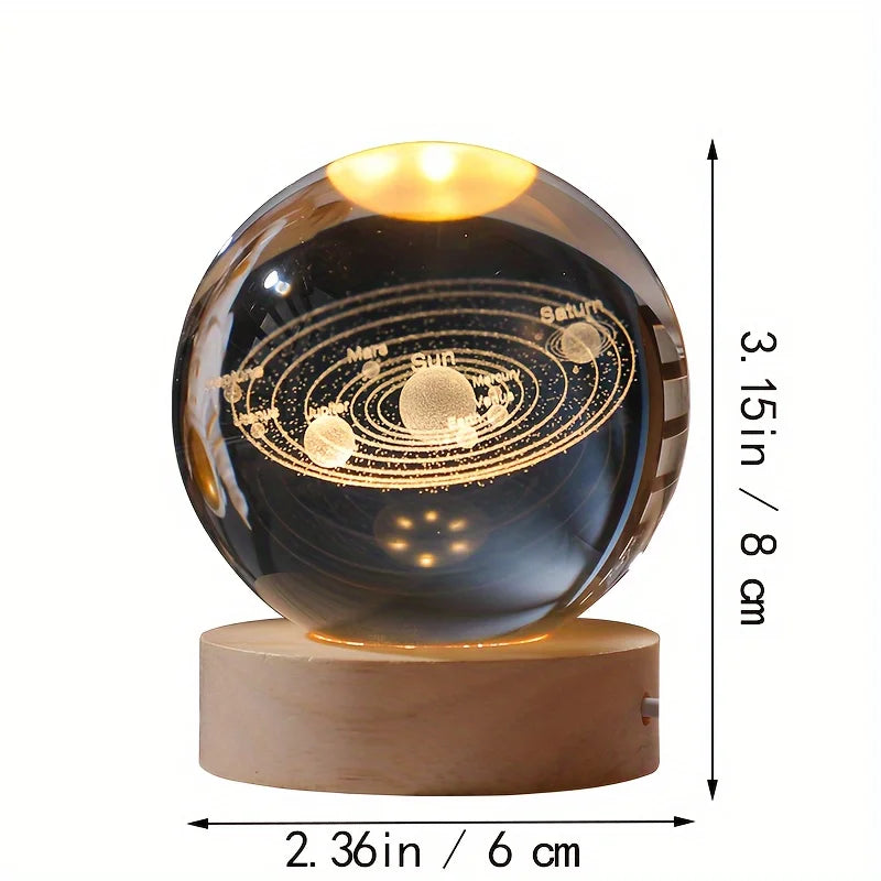 3D Bola De Cristal De Vidro Planeta LED Quente Luz Noturna, Gravado A Laser, Sistema Solar, Globo, Universo, Base De Madeira, Presente De Aniversário, 6cm